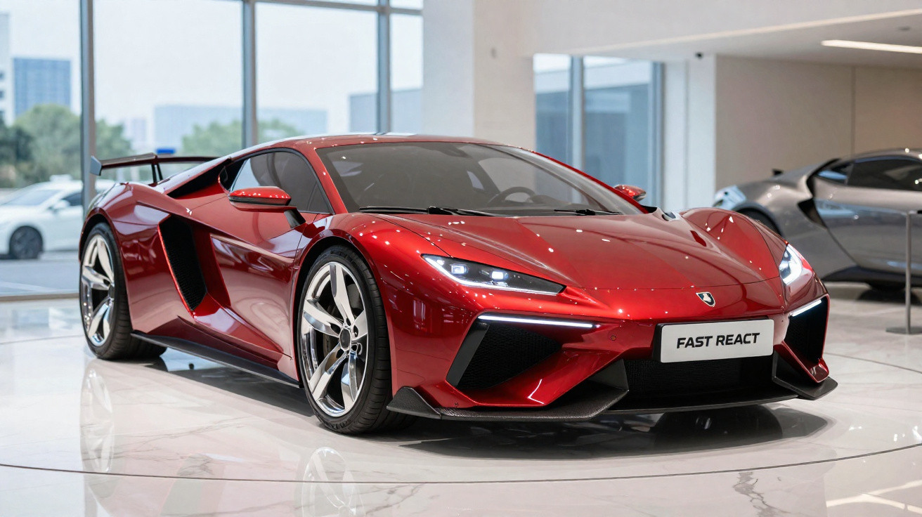 Carro esportivo vermelho brilhante em exposição interna com placa frontal escrita Fast React.