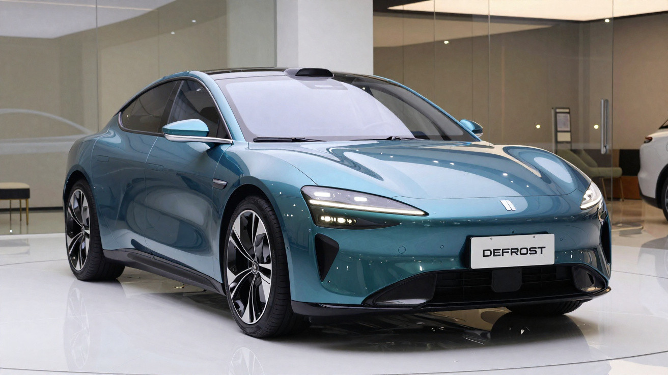 Carro elétrico esportivo azul metálico estacionado em ambiente interno moderno.