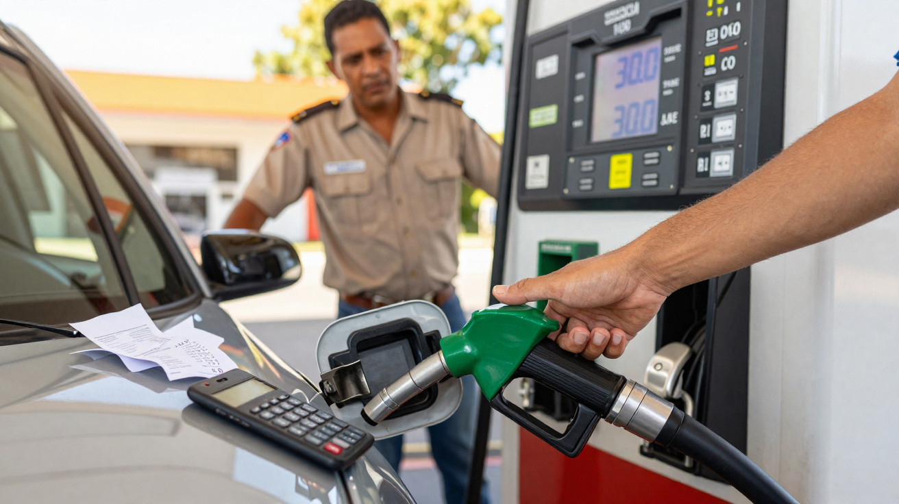 Pessoa abastecendo carro com bomba verde em posto de gasolina, com homem de uniforme ao fundo observando.