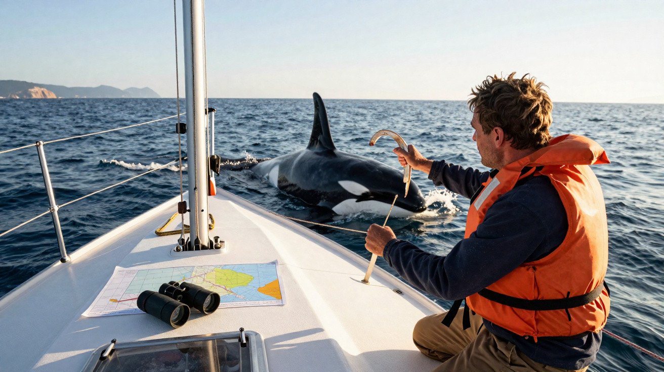 Homem de colete laranja em barco alimenta uma orca próxima à superfície do mar calmo.