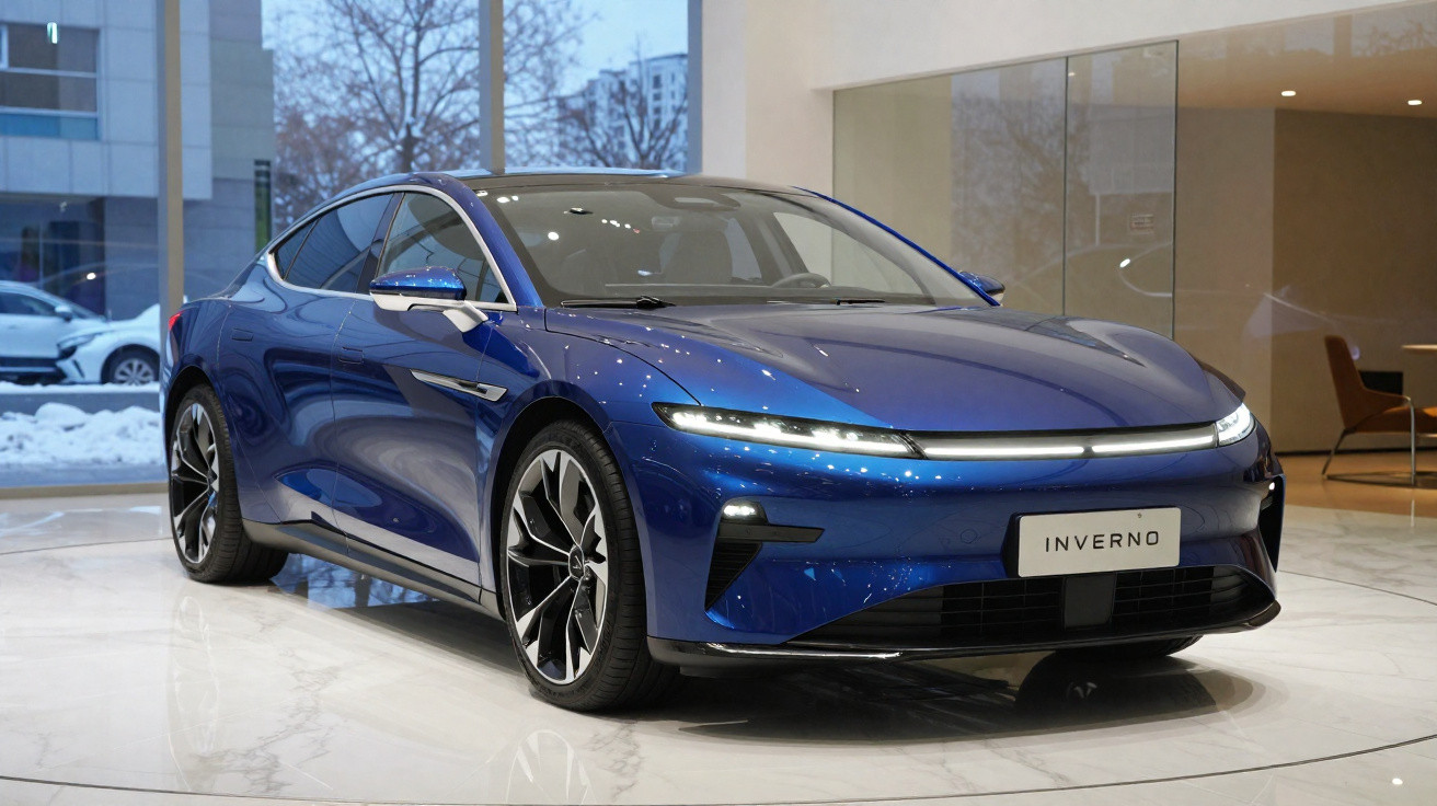Carro elétrico azul Inverno em exposição interna, com design moderno e faróis estreitos acesos.