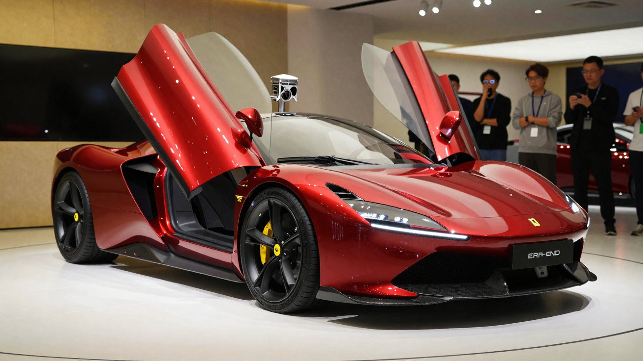 Carro esportivo vermelho Ferrari com portas abertas verticalmente em exposição interna com pessoas ao fundo.