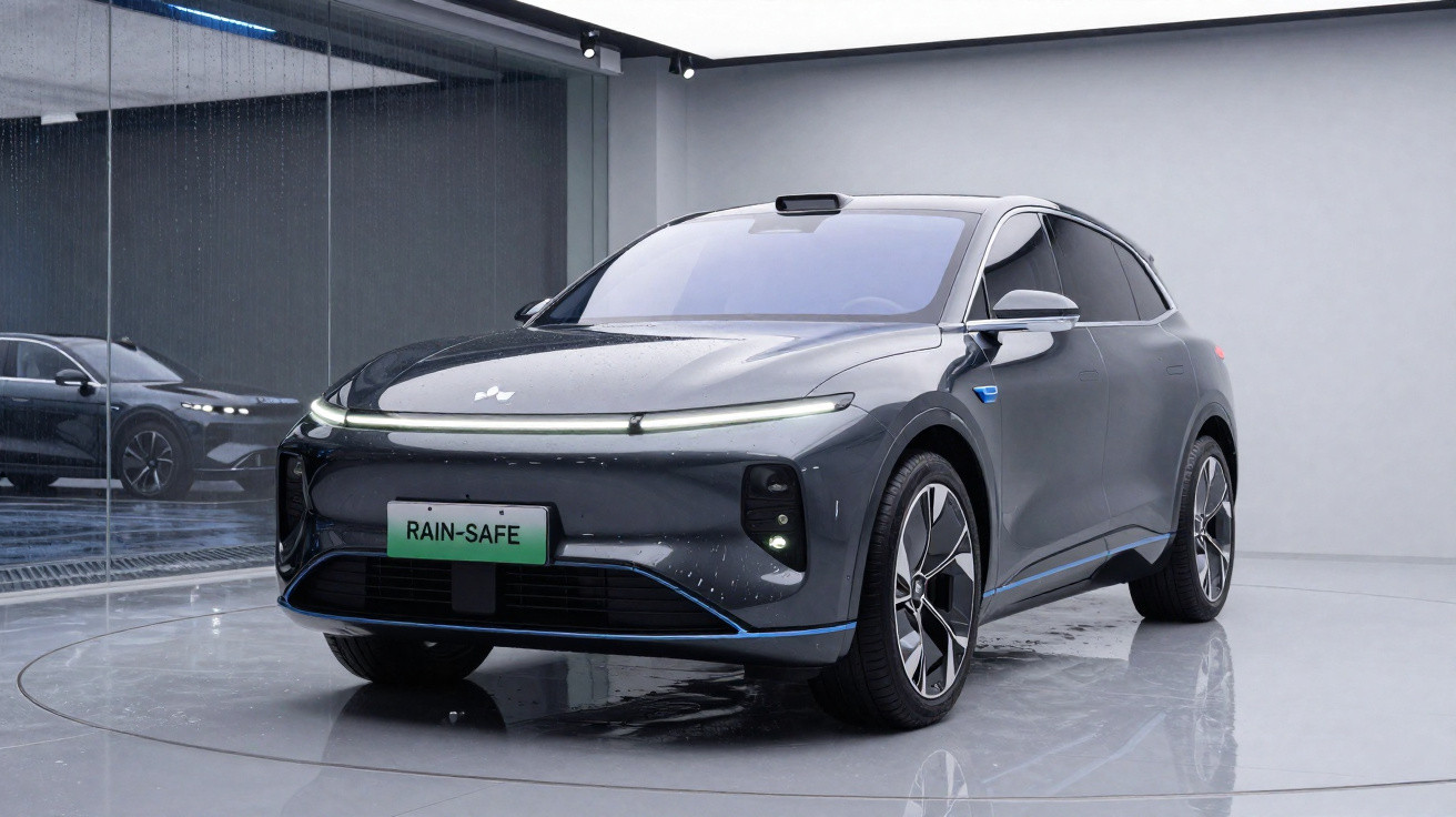 Carro elétrico SUV cinza em exposição interna, com placa verde escrita "RAIN-SAFE".