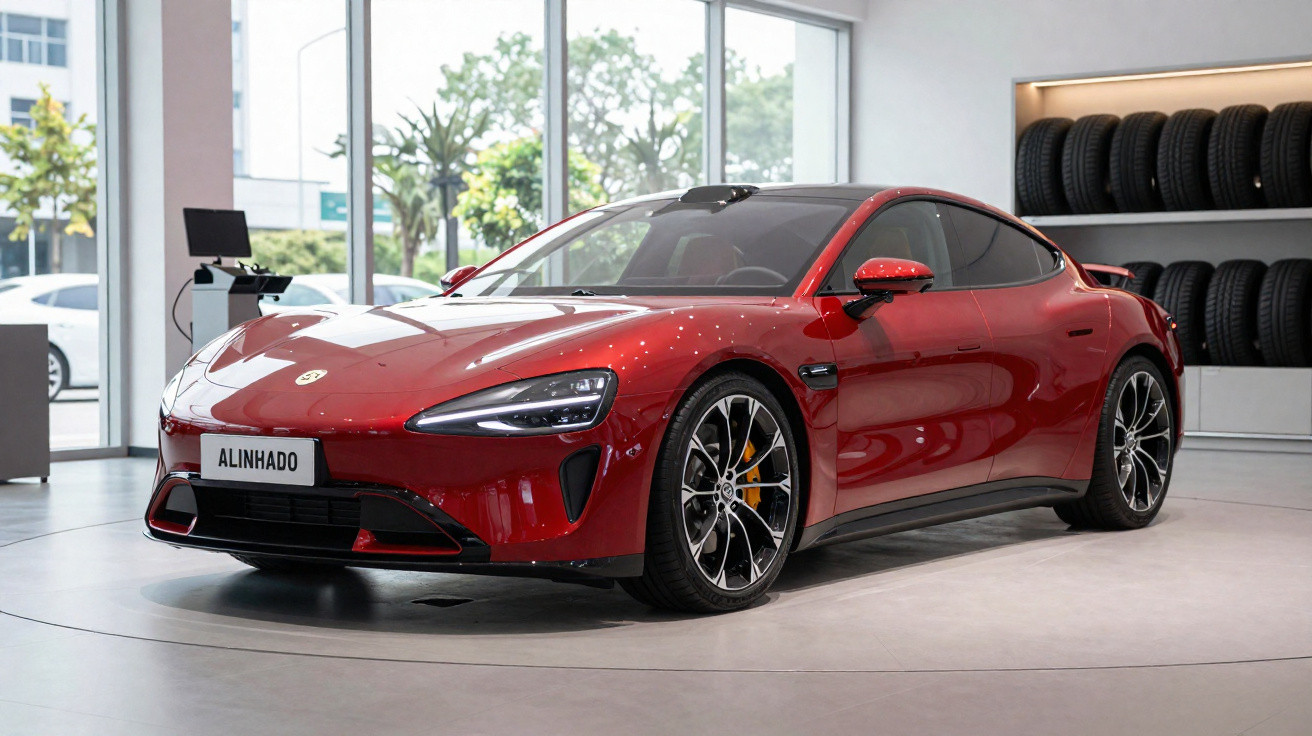 Carro esportivo vermelho estacionado em showroom moderno com pneus na parede ao fundo.