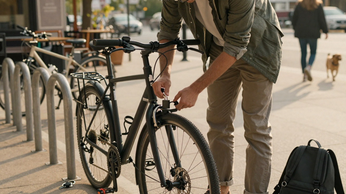 Homem prende cadeado na bicicleta preta em estacionamento público ao ar livre.