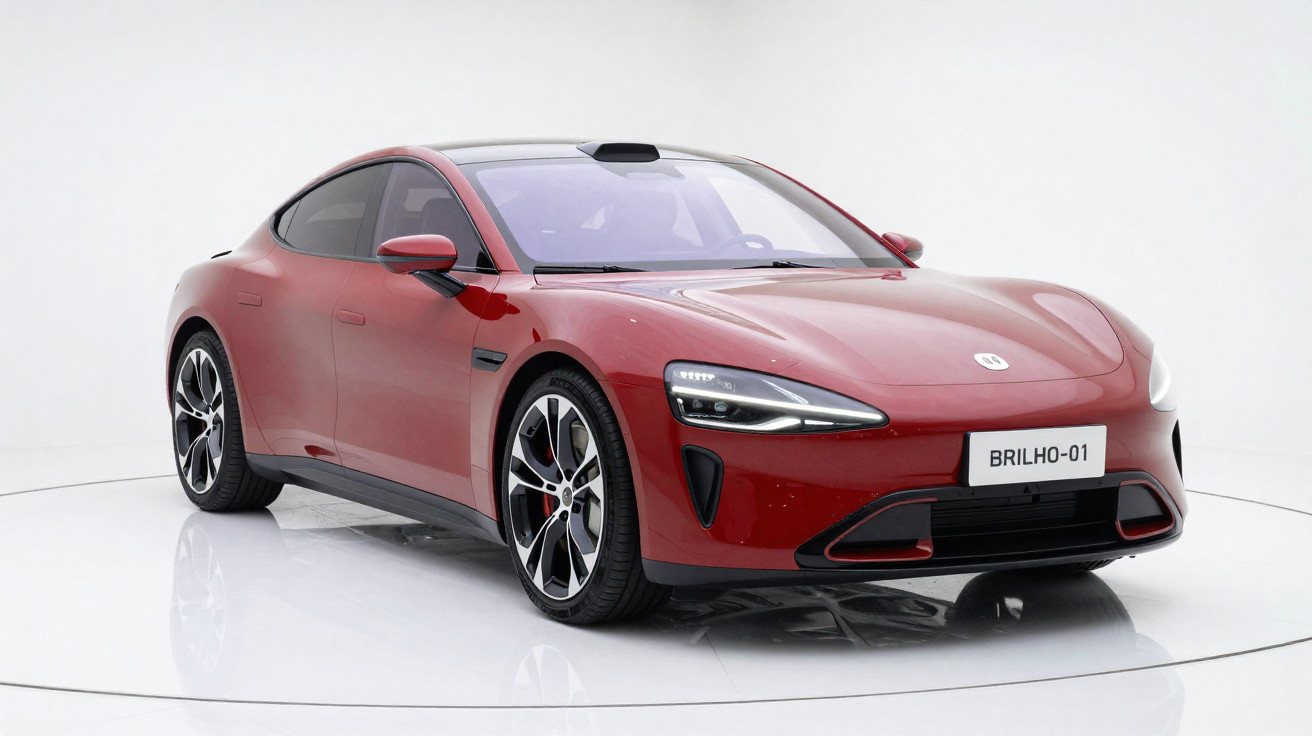 Carro elétrico esportivo vermelho em estúdio com fundo branco e placa com texto Brilho-01.