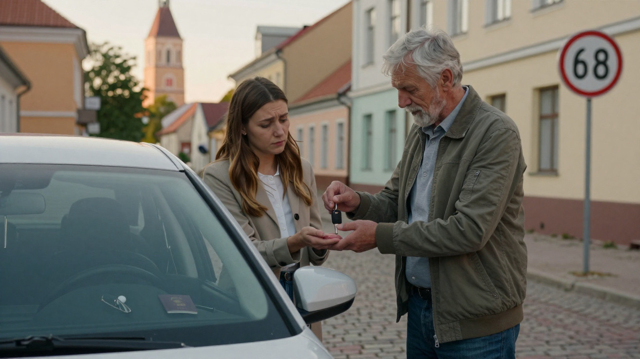 Homem idoso entregando chave de carro para mulher jovem em rua de cidade com casas coloridas.