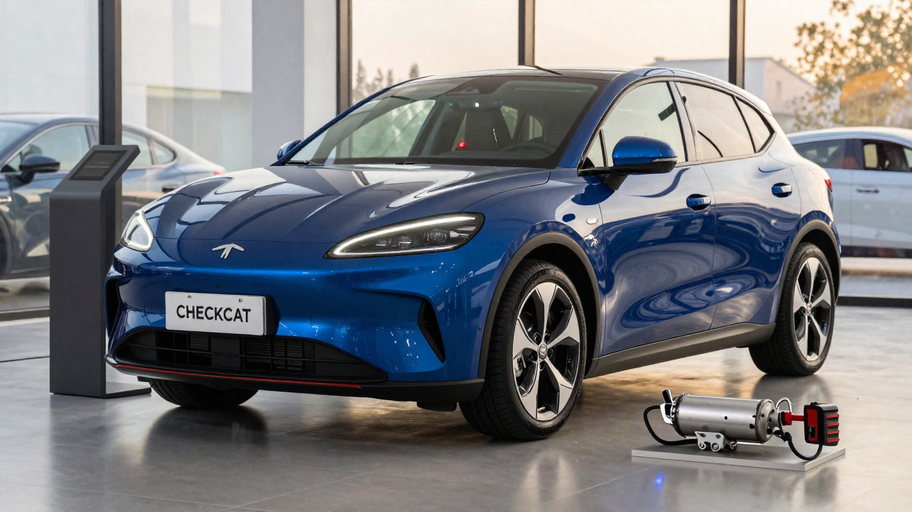 Carro elétrico azul exibido em showroom moderno com motor elétrico ao lado no chão.