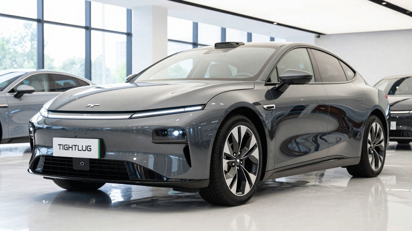 Carro elétrico cinza escuro em exposição dentro de showroom moderno e iluminado.