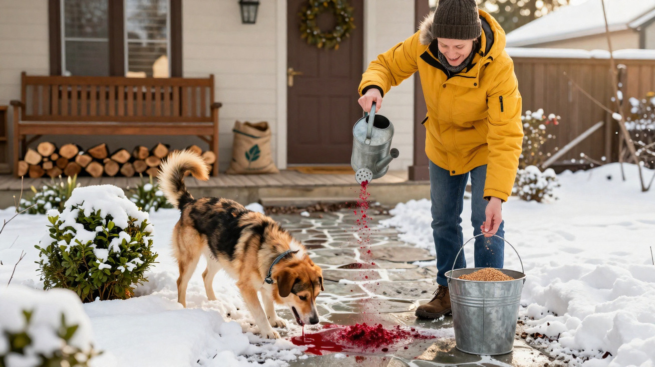 Pessoa vestindo casaco amarelo alimenta cachorro em caminho de pedra coberto por neve em área externa.