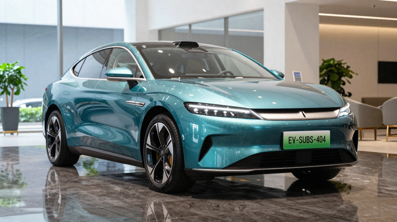 Carro elétrico azul-metálico exibido em ambiente interno moderno com piso refletivo.