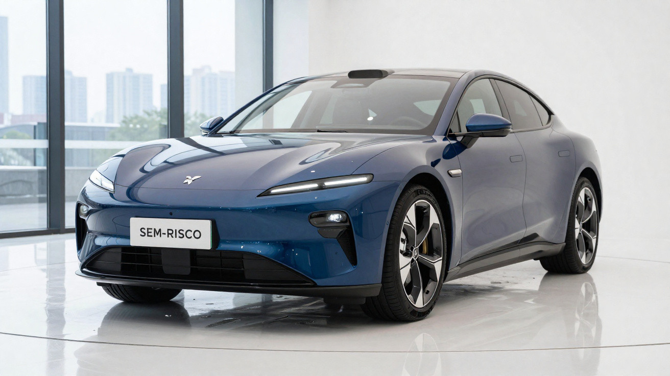 Carro elétrico azul escuro em estúdio com piso branco e janelas grandes ao fundo.