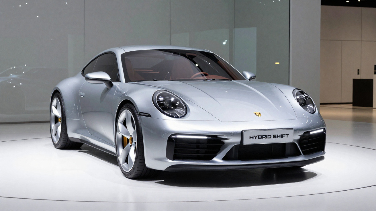 Carro esportivo prata Porsche Hybrid Shift exibido em ambiente moderno e iluminado.