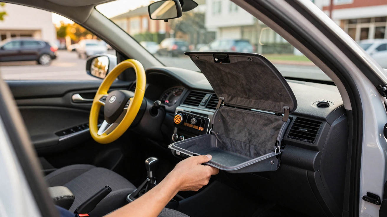 Interior de carro com volante amarelo e porta-luvas aberto mostrando compartimento vazio e mão segurando.