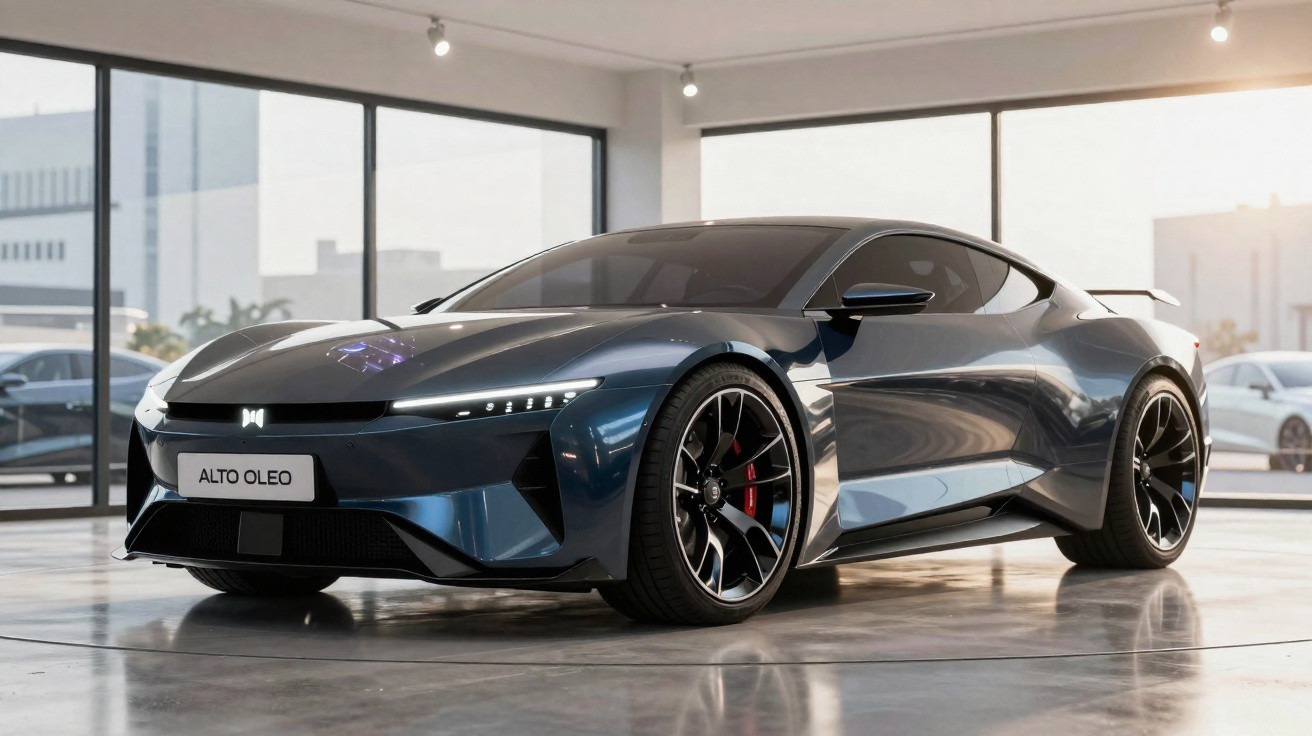 Carro esportivo elétrico azul metálico em showroom com janelas amplas e piso refletivo.