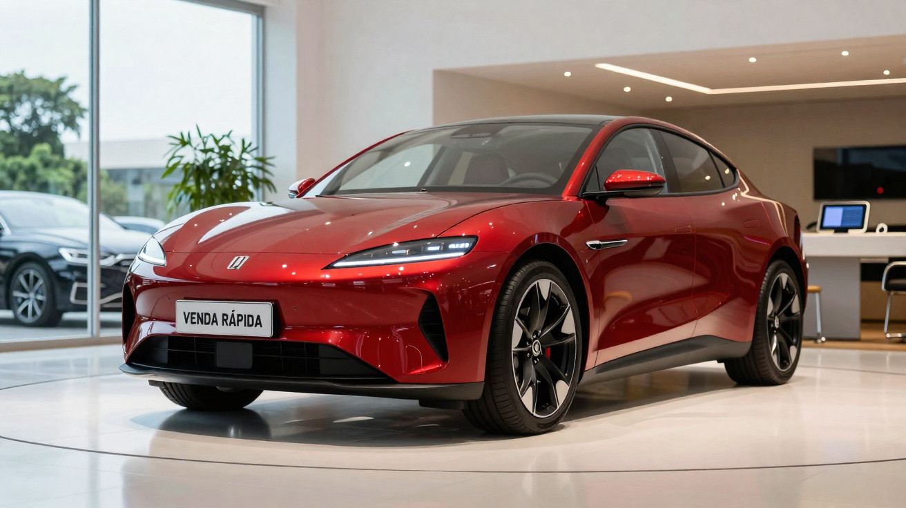 Carro esportivo vermelho em exposição interna com placa escrita "Venda Rápida"