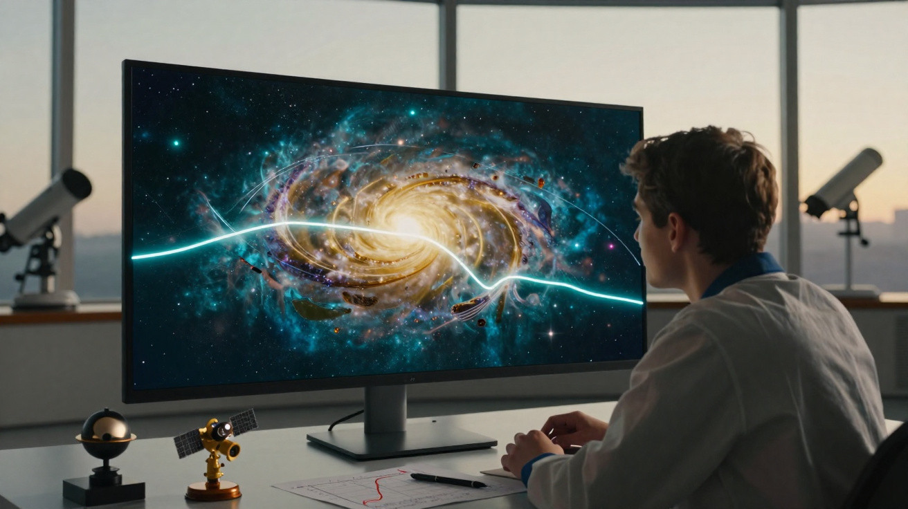 Jovem observando uma galáxia na tela de computador em sala com telescópios ao fundo.