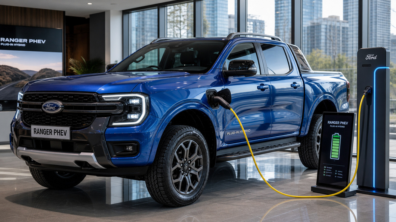 Picape Ford Ranger PHEV azul carregando na tomada em showroom com prédios ao fundo.