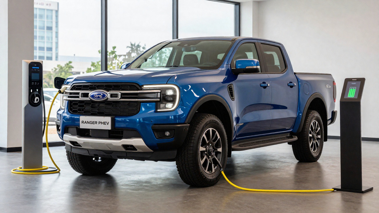 Picape elétrica azul Ford Ranger PHEV conectada a estação de recarga em ambiente interno iluminado.