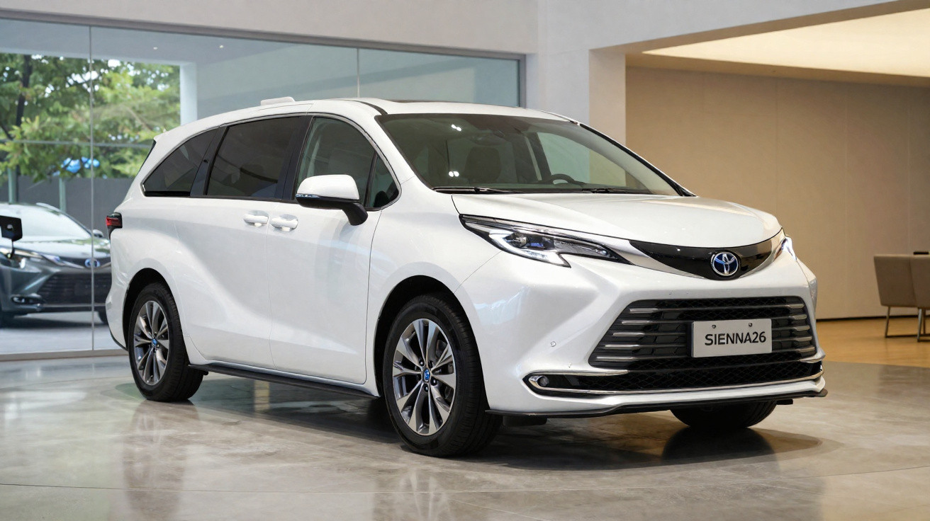 Minivan Toyota Sienna branca estacionada em ambiente interno moderno e iluminado.
