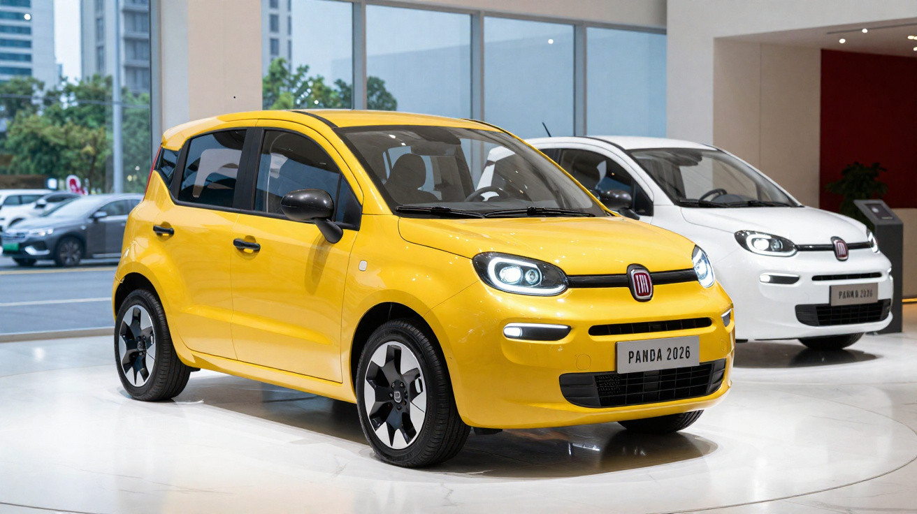 Dois carros Fiat Panda 2026 estacionados em ambiente fechado, um amarelo à frente e outro branco atrás.