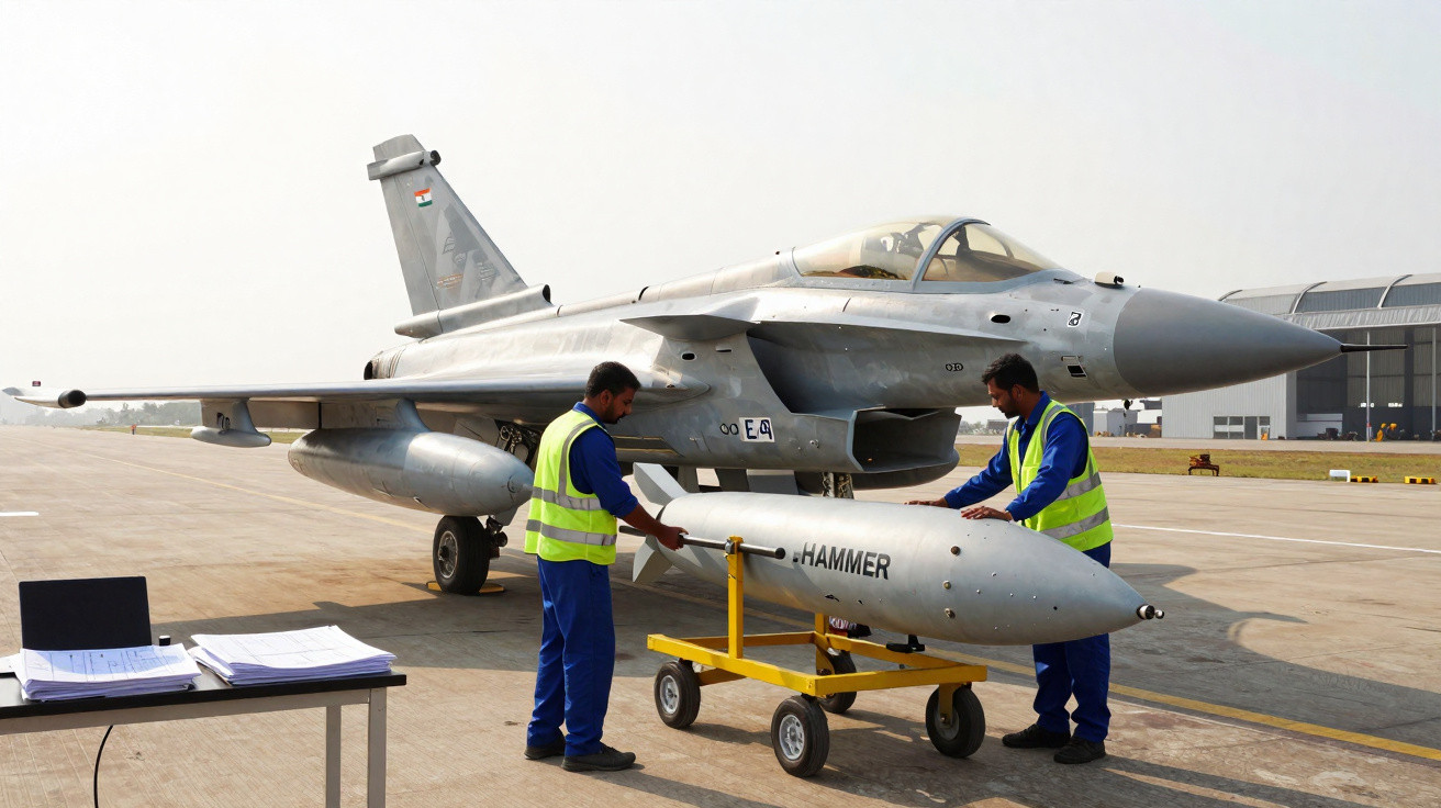 Dois técnicos em coletes amarelos ajustam um alvo aéreo HAMMER próximo a um caça militar cinza em pista.