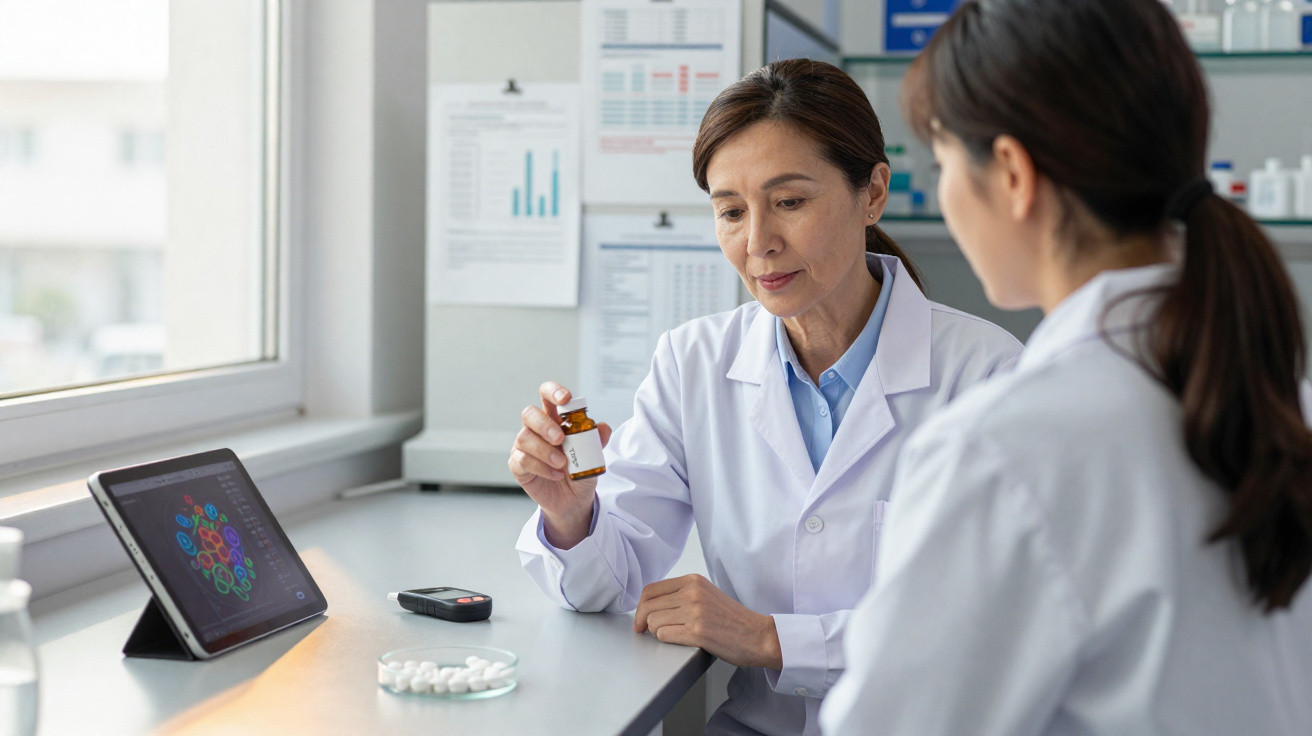 Duas médicas em laboratório analisando medicamento, com tablet e comprimidos sobre a mesa.