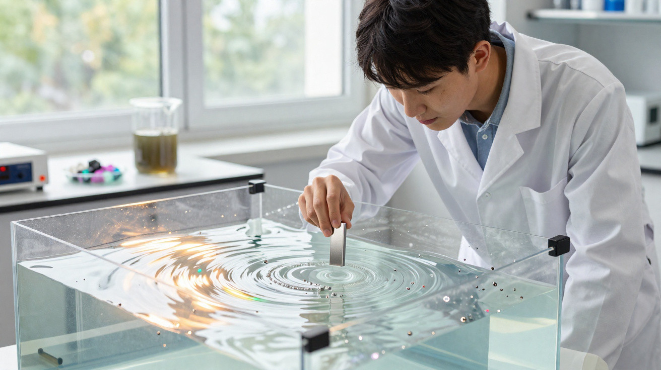 Homem de jaleco branco realiza experimento com ondas em tanque transparente em laboratório iluminado.
