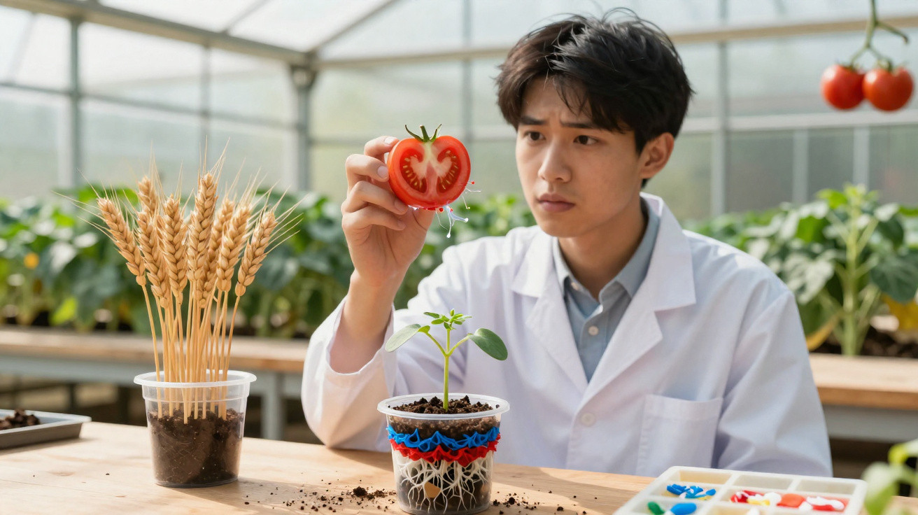 Homem com jaleco branco segurando metade de um tomate em estufa agrícola.
