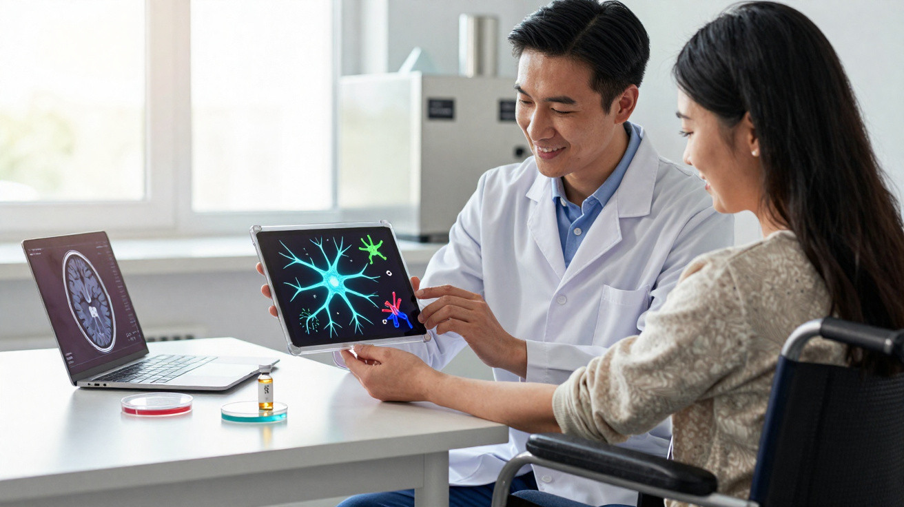 Paciente em cadeira de rodas consulta médico que mostra imagens de neurônios em tablet no consultório.