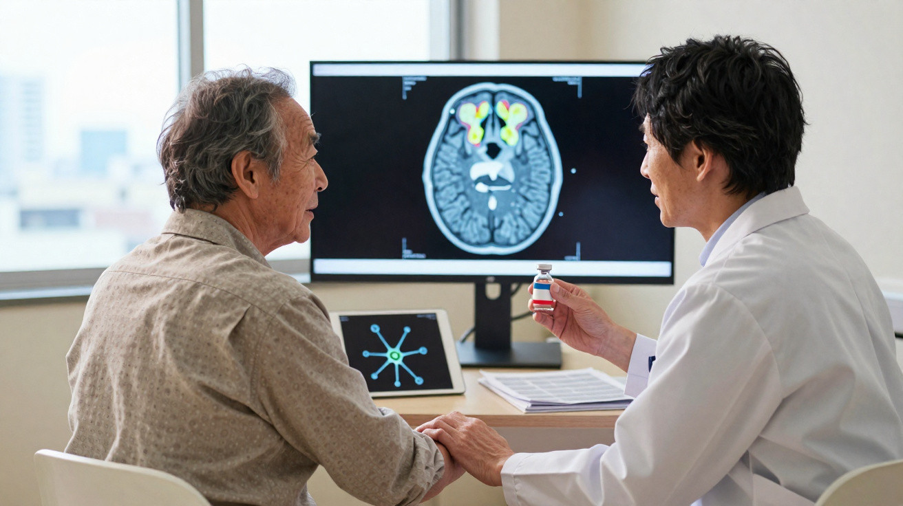 Médico segurando remédio conversa com paciente idoso diante de exame cerebral em monitor.