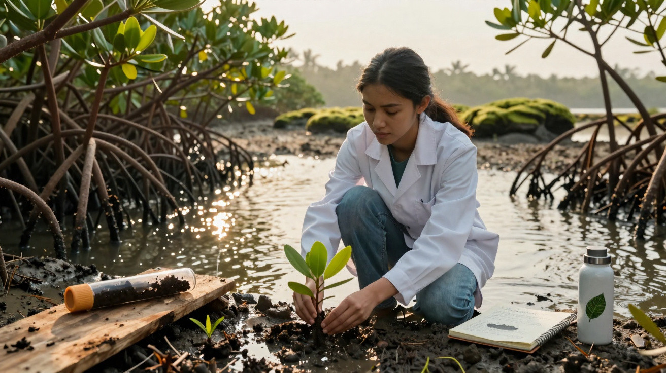 Mulher de jaleco branco plantando muda de mangue em área alagada, com caderno e garrafa ao lado.