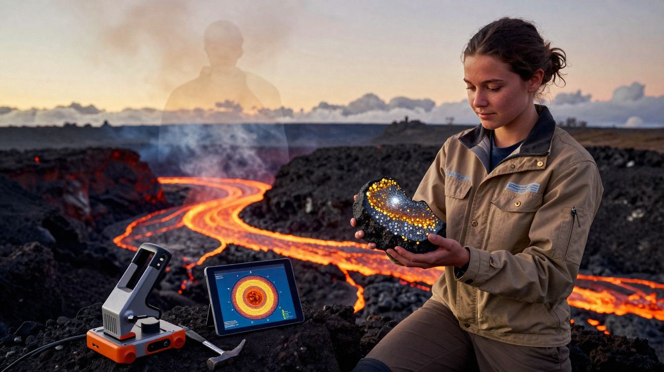 Mulher cientista segura modelo da Terra perto de lava vulcânica com equipamentos de análise geológica.