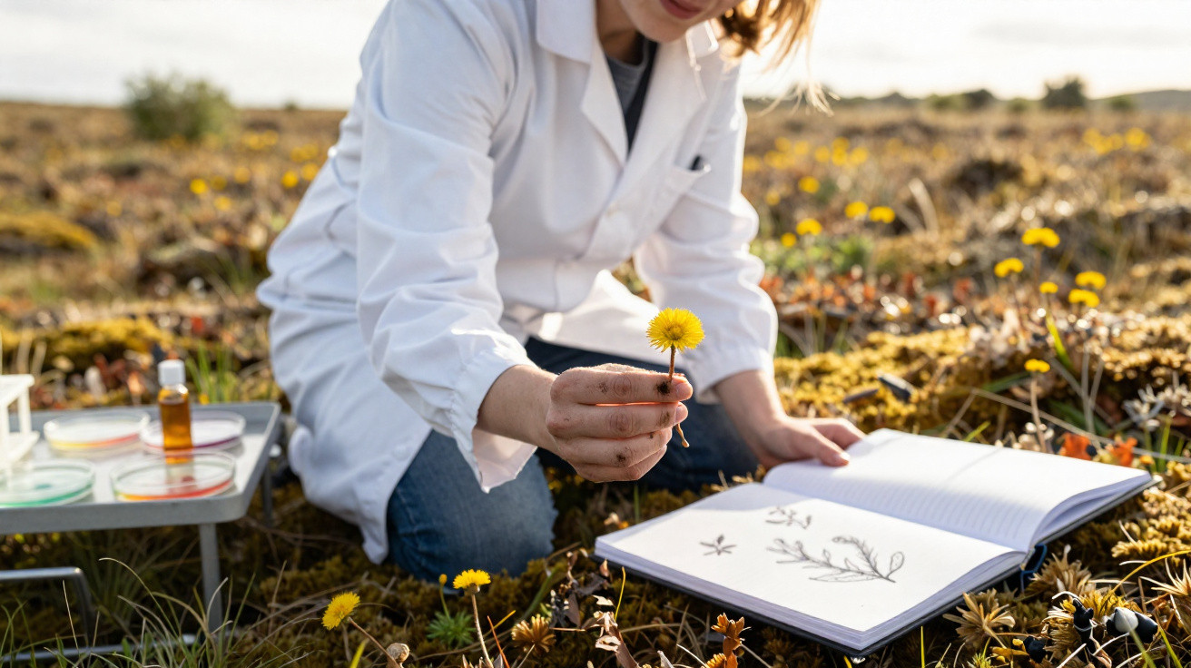 Pessoa com jaleco branco analisando flor amarela e fazendo registro em caderno em campo aberto.