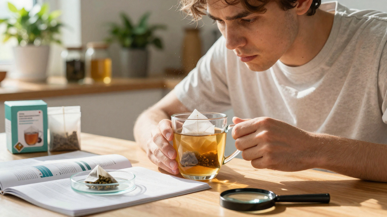 Jovem observa atentamente um chá servido em copo transparente, com sachê triangular, em uma mesa com livro aberto.