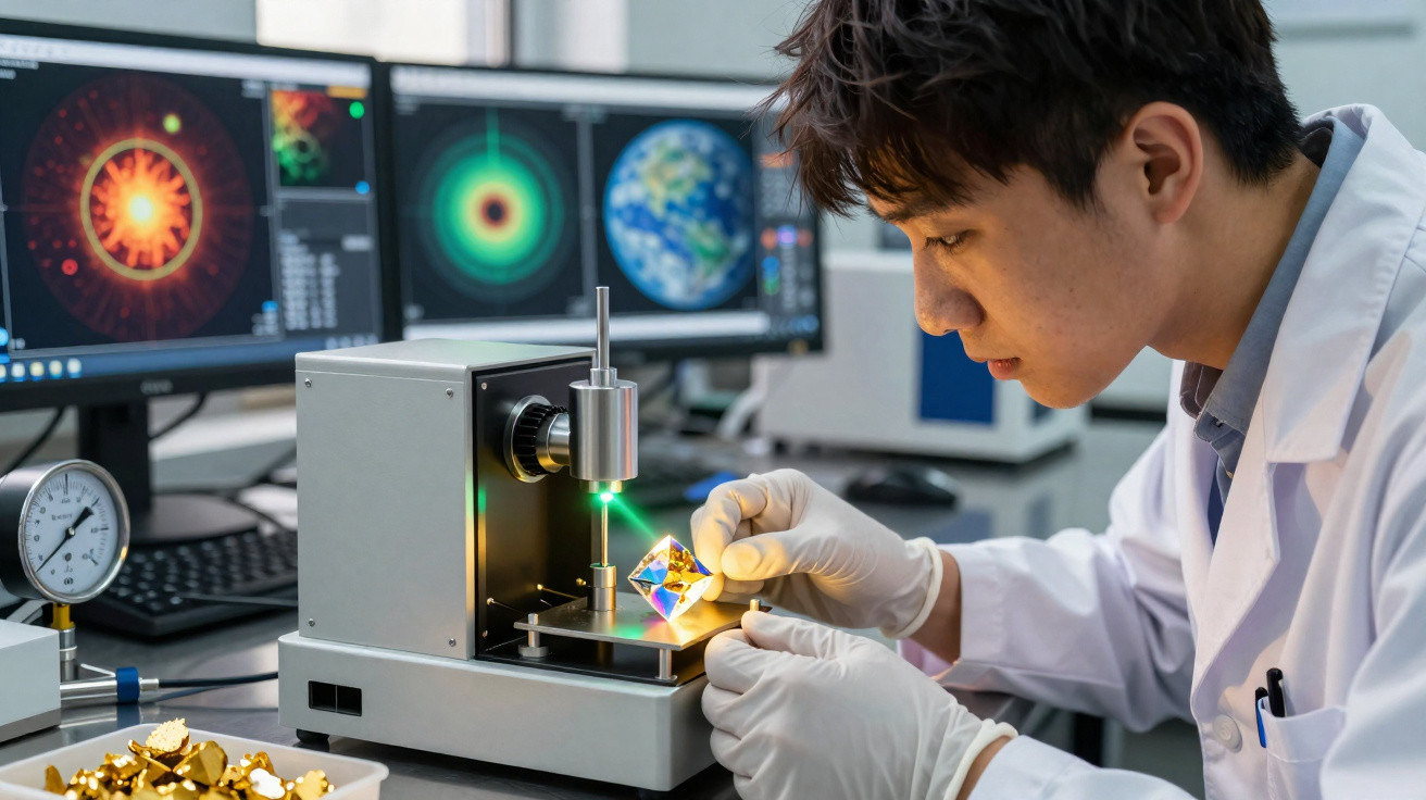 Cientista em laboratório manuseando cristal enquanto analisava laser e dados em telas ao fundo.