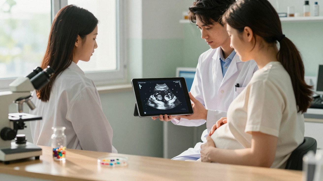 Médicos mostrando ultrassom para gestante em consulta médica em ambiente clínico.