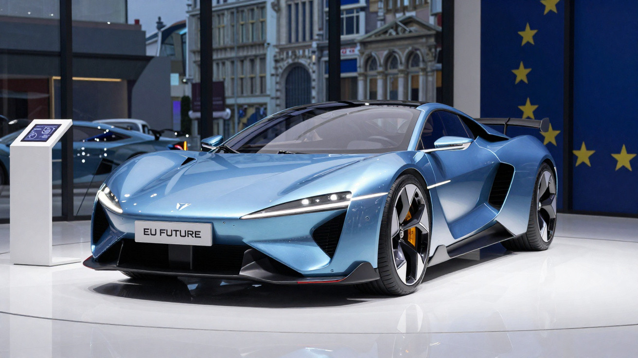 Carro esportivo azul futurista com design aerodinâmico em exposição interna de automóveis.