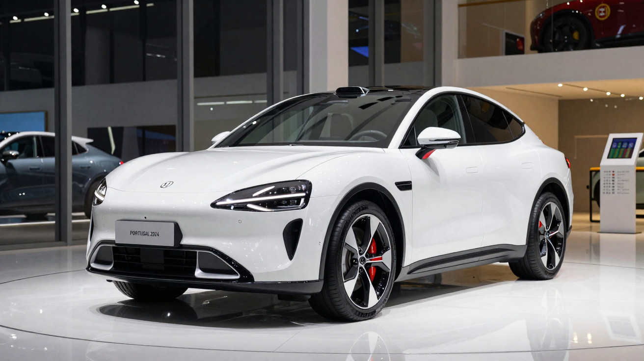 Carro elétrico branco exposto em showroom moderno com design aerodinâmico e rodas esportivas.