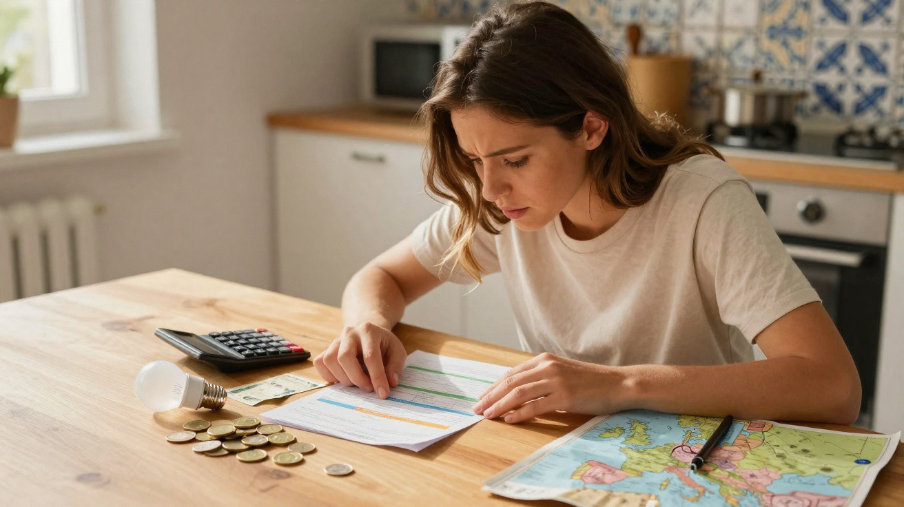 Mulher analisando contas com moedas, calculadora e mapa sobre mesa em cozinha iluminada.