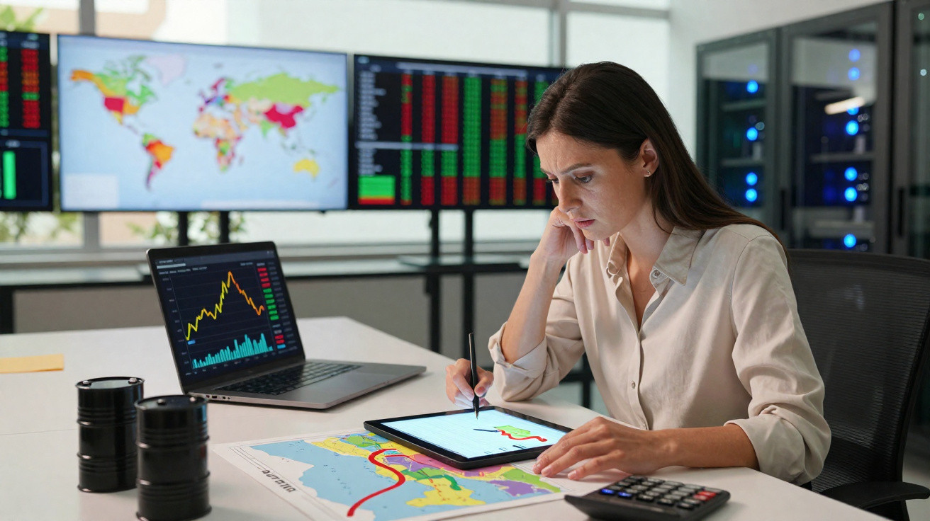 Mulher analisando gráficos e mapas financeiros em tablet e laptop em escritório moderno com telas ao fundo.