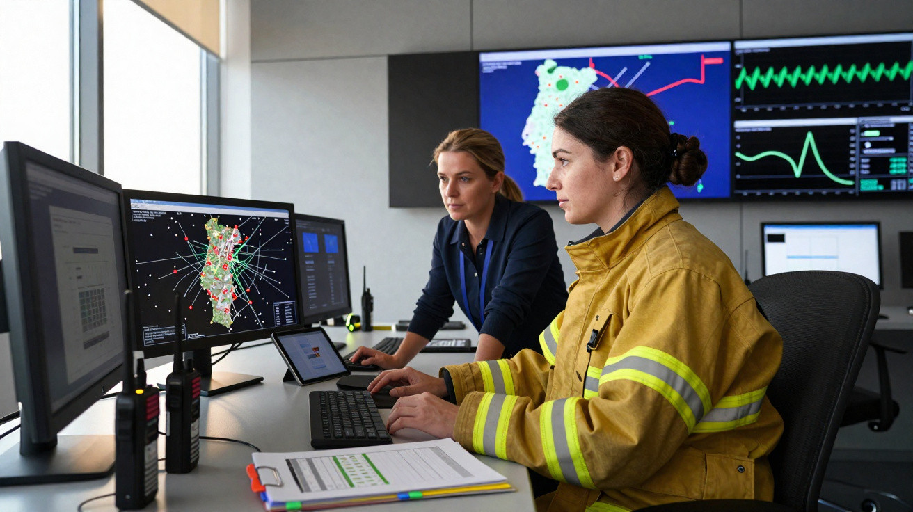 Duas mulheres analisam mapas e dados em múltiplos monitores em uma sala de comando moderna.