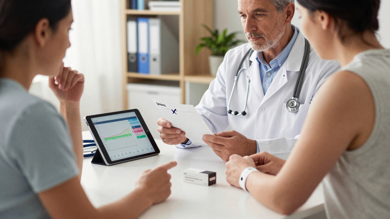 Médico revisa resultados em papel enquanto duas mulheres aguardam, com tablet e remédio sobre a mesa.