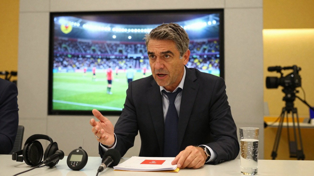 Homem de terno falando em reunião com televisão ao fundo mostrando partida de futebol em estádio iluminado.