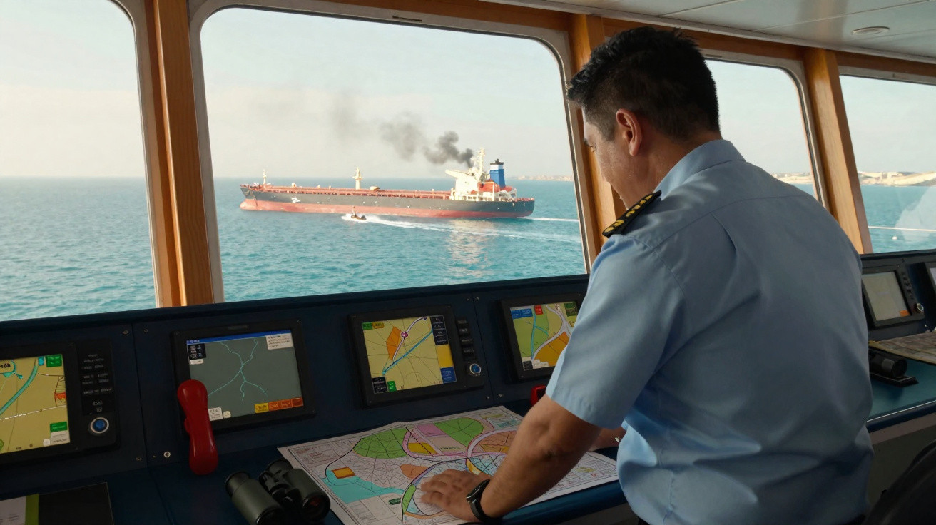 Homem em uniforme naval operando mapas e equipamentos na cabine de comando de navio com outro navio à frente no mar.