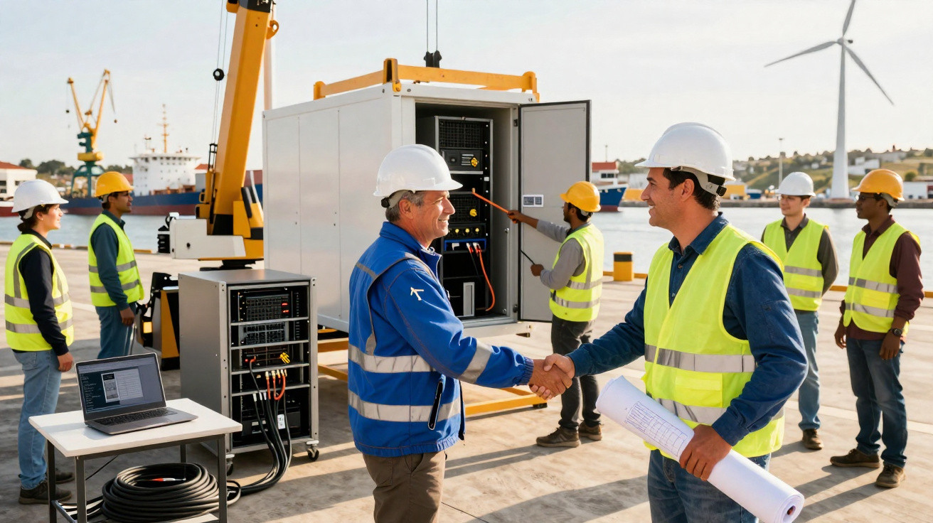 Engenheiros em coletes e capacetes apertam as mãos em porto com equipamentos e turbina eólica ao fundo.