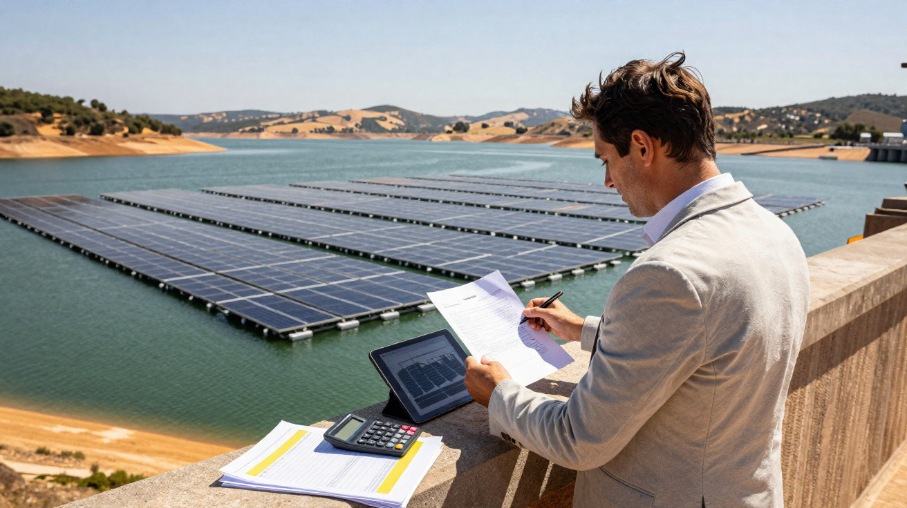 Homem analisando documentos e tablet próximo a usina solar flutuante em reservatório de água.