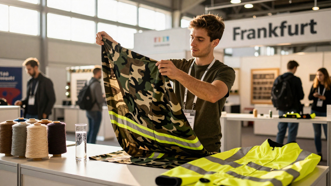 Homem observa tecido camuflado com faixa refletiva em estande de exposição na feira em Frankfurt.