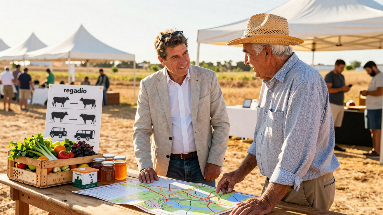 Dois homens conversam e analisam um mapa em feira ao ar livre com produtos agrícolas e pôsteres.