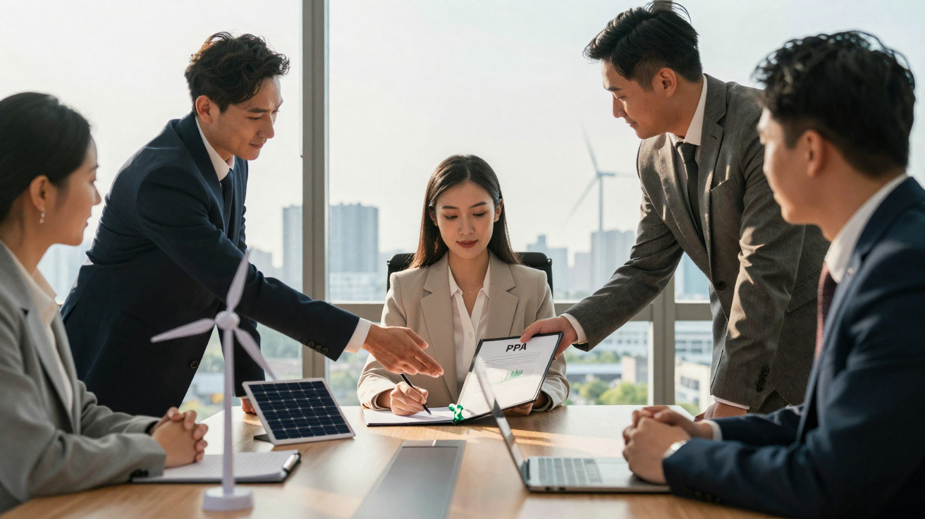 Reunião de negócios com cinco profissionais discutindo energia renovável, com miniatura de turbina e placa solar na mesa.
